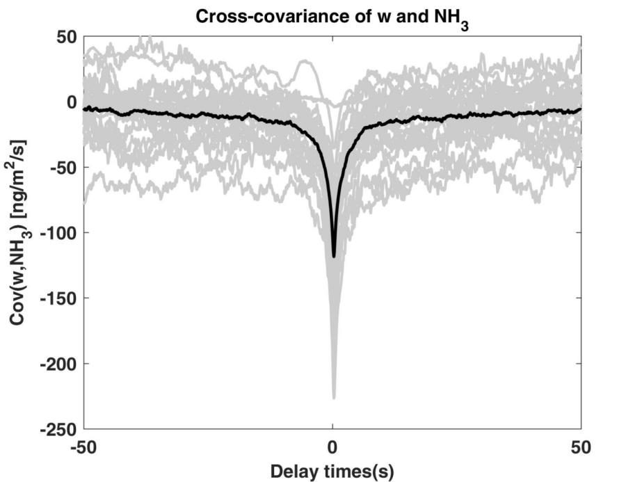 The cross-covariance of vertical wind velocity and NH3 concentration